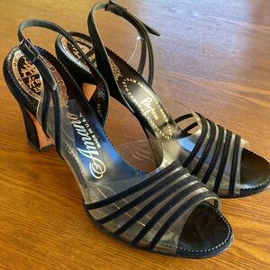 Vintage Black Suede on clear Vinyl Heels